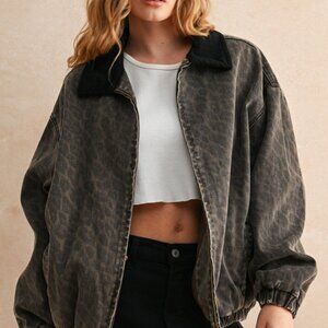 NEW Leopard Print Distressed Denim Bomber Jacket - size SMALL